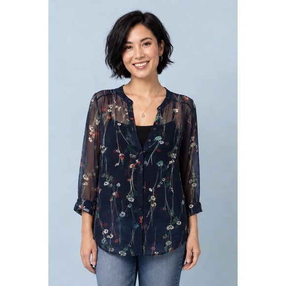 Banana Republic Tops - Banana Republic Sheer Floral Blouse Navy With Flowers XS Spring Boho Fairy Grung